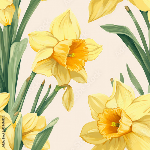 Realistically Illustrated Spring Yellow Daffodil Plants on Solid Background Seamless Pattern