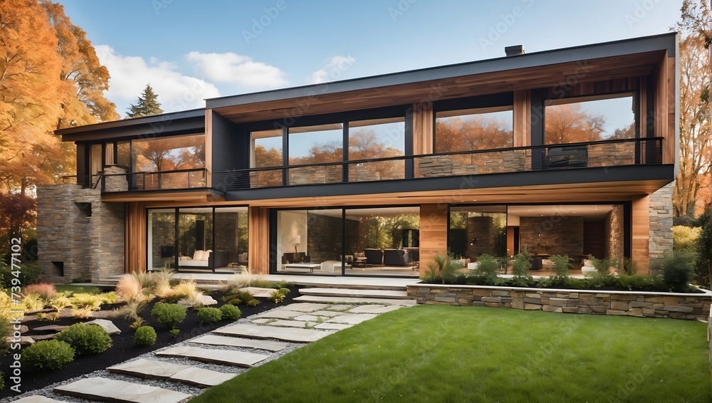 A modern home with wood and stone accents, large windows, and a landscaped garden.generative AI