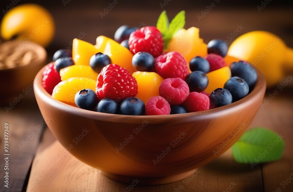 Fruit salad with bright berries and citrus fruits. Ceramic plate with pieces of fruit, raspberries, blueberries and mint leaves on wooden table. Bowl with ripe berries. Healthy breakfast or dessert Fruit salad with bright berries and citrus fruits. Ceramic plate with pieces of fruit, raspberries, blueberries and mint leaves on wooden table. Bowl with ripe berries. Healthy breakfast or dessert