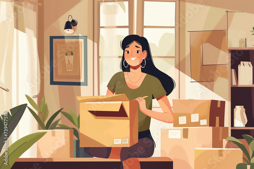Woman moving into new house. Young girl unpacking boxes. Vector illustration in flat style
