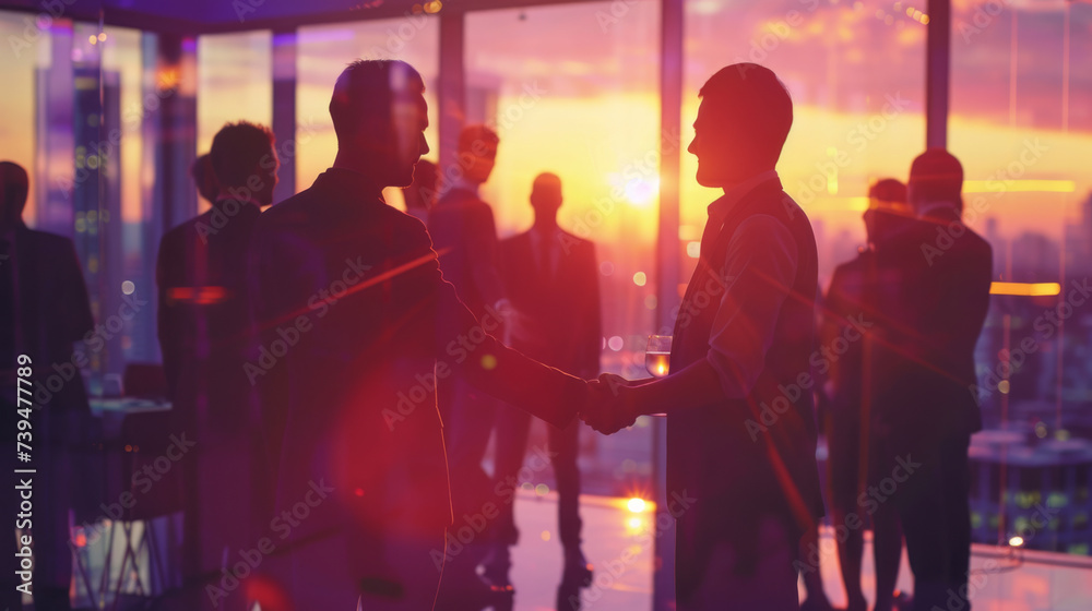 Two professionals engage in a handshake in a modern office with a panoramic view of the city at sunset.
