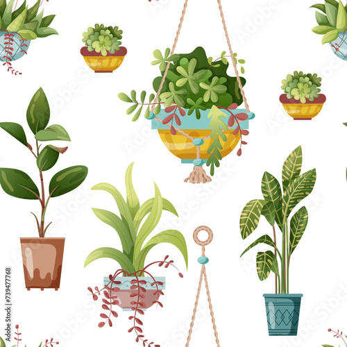 Seamless pattern. Houseplant and macrame plant growing in pots. Set of handmade home decorations macrame plants isolated on white background. Cartoon flat illustration.