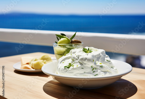 Fototapeta Naklejka Na Ścianę i Meble -  Cheese cream dish with vegetables served next to the sea
