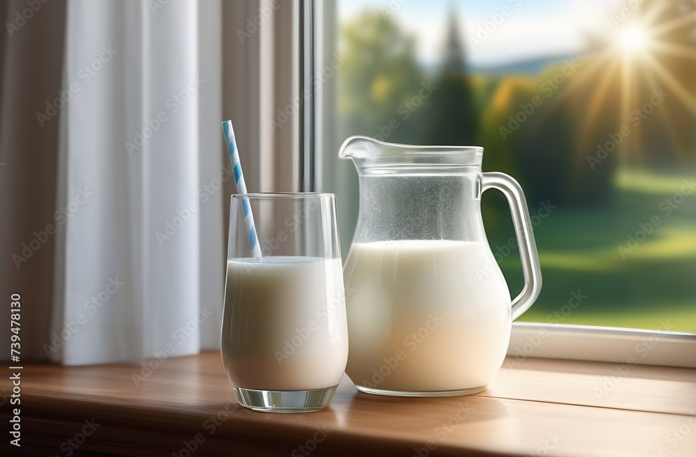 Transparent jug and glass with fresh fresh milk on table by window of village house. Summer rustic landscape behind glass. Glass of milk for breakfast at dawn Transparent jug and glass with fresh fresh milk on table by window of village house. Summer rustic landscape behind glass. Glass of milk for breakfast at dawn