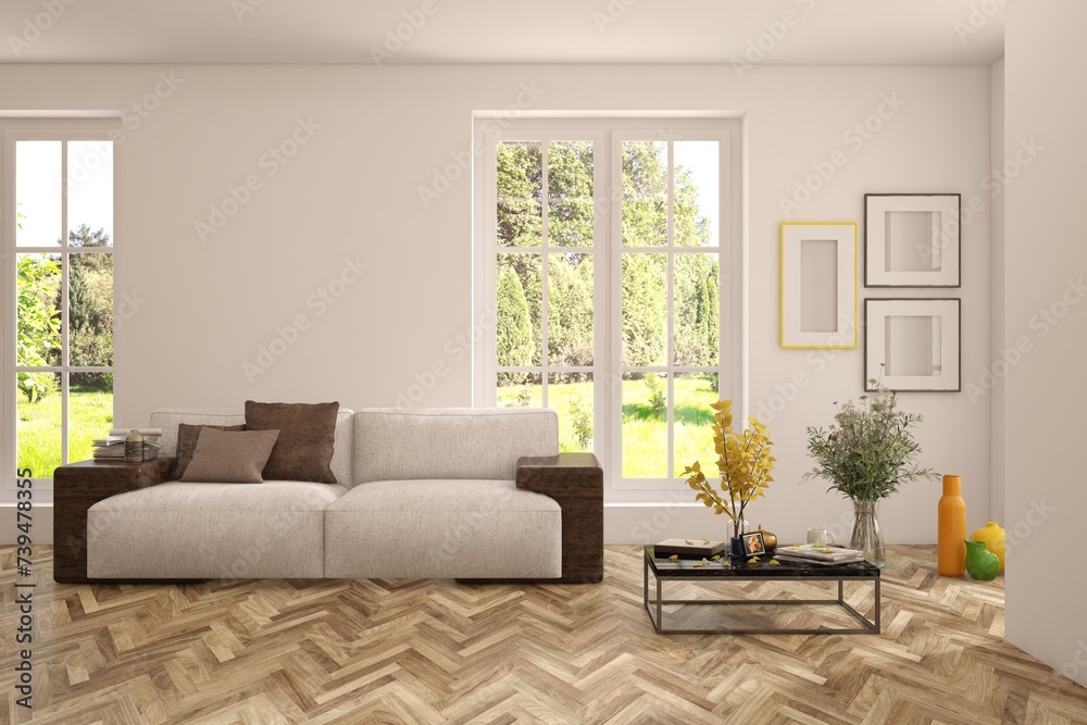 Fototapeta premium Contemporary classic white interior with furniture and decor and summer landscape in window. Scandinavian interior design. 3D illustration