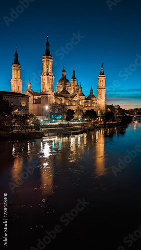 As the Sun Bids Farewell and the Ebro River Turns into a Mirror  The Enchantment of Sunset Facing the Iconic Basilica of Our Lady of the Pillar in Zaragoza