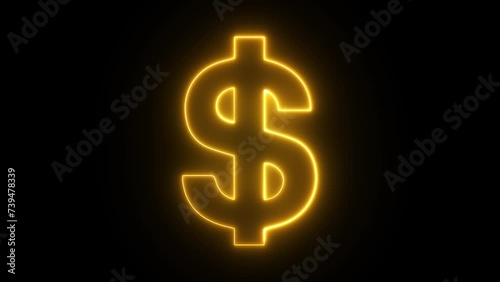 Neon dollar icon animation. Dollar Sign Green Neon Light on black background.  Dollar shape, Neon Light. 4k video. photo