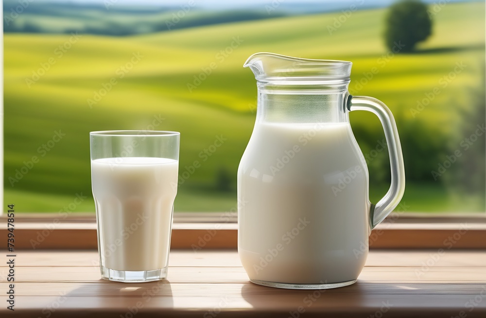 jug and glass of milk on windowsill against window background. Natural green rustic blurred background. Sunny day. Free space for text jug and glass of milk on windowsill against window background. Natural green rustic blurred background. Sunny day. Free space for text