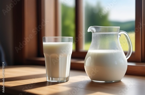 Decanter and glass of milk on wooden table by window of village house. Jug with fresh milk on background of a summer landscape. Pitcher and glass of milk on windowsil photo