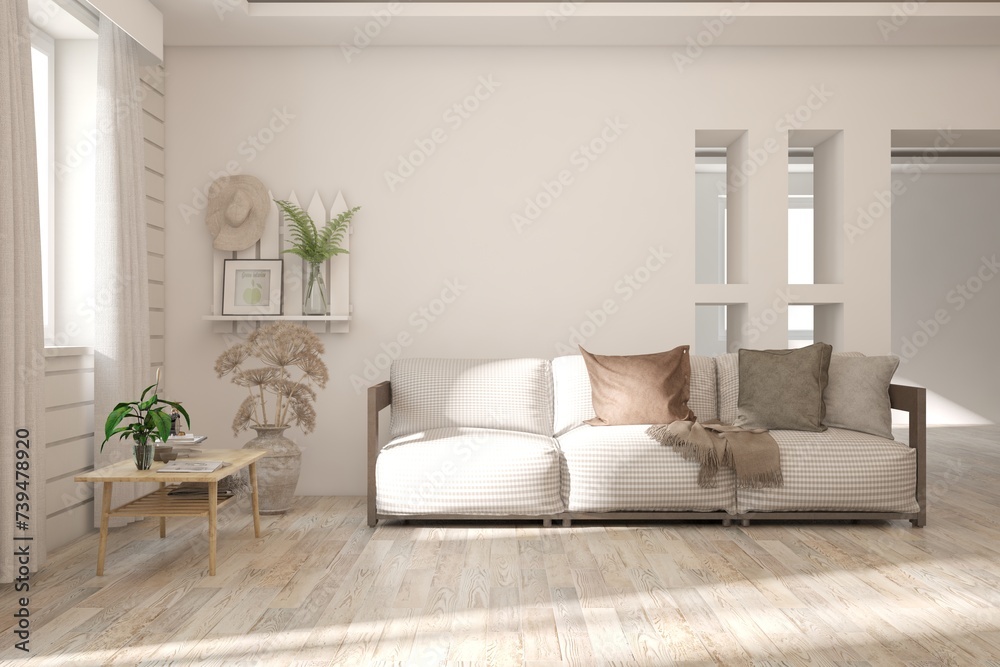 White living room with sofa. Scandinavian interior design. 3D illustration White living room with sofa. Scandinavian interior design. 3D illustration