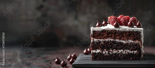 Tasty delicious sweet cubic black forest cake on dark background. AI generated image photo