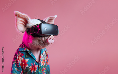 Portrait of an irresistible funny pig in a crazy Hawaiian shirt while using a VR headset on its head, standing in front of a solid soft pink background, modern technology available to all. photo