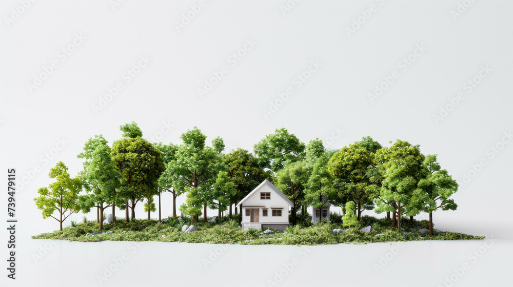 House with trees on a white background. The house and the land around it, forest.