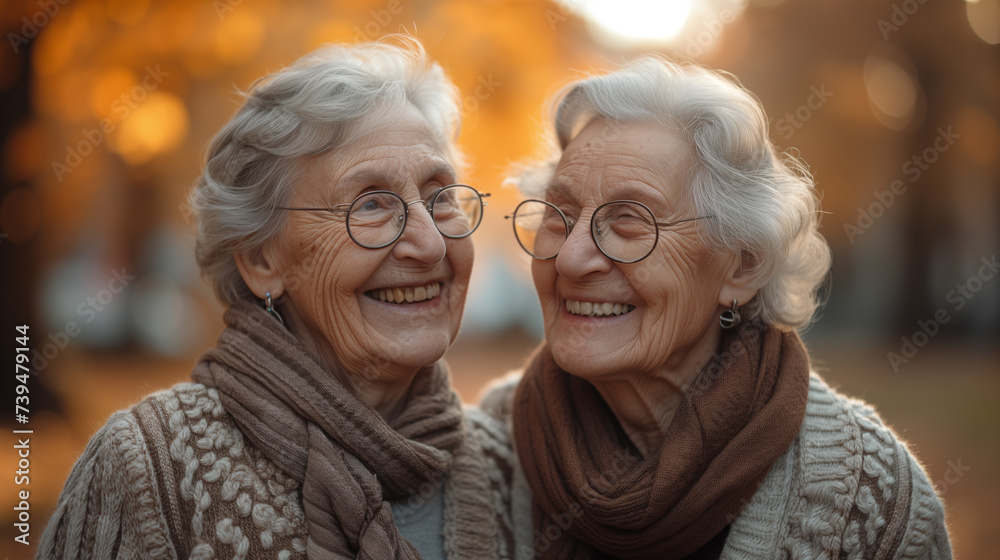 Two identical twin grandmothers, both have grey hair and are laughing. Two identical twin grandmothers, both have grey hair and are laughing.
