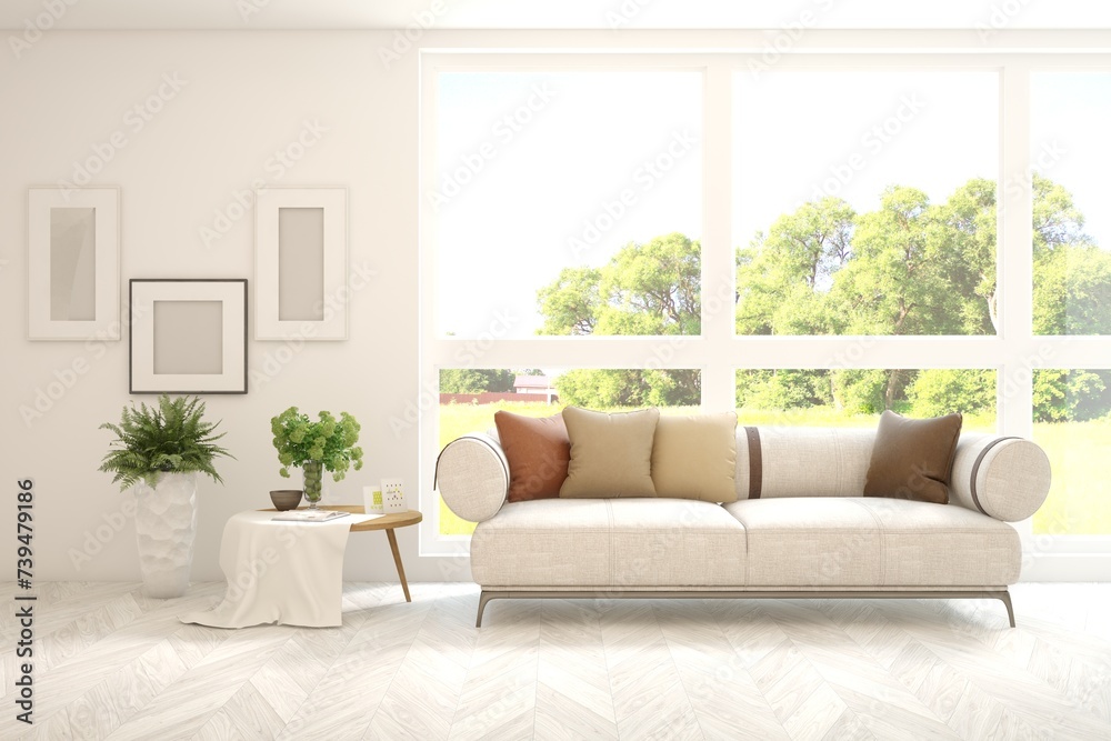 Bright interior design with modern furniture and summer landscape in window. 3D illustration Bright interior design with modern furniture and summer landscape in window. 3D illustration