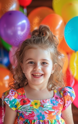 Portrait of a happy cute girl in a colorful dress on the background of balloons.