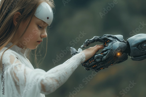 A girl in a white dress with a futuristic device on her forehead takes help from an android cyborg, taking his hand