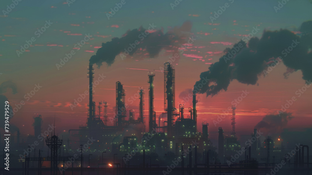 A petrochemical refinery complex releases smoke and steam into the evening sky, illuminated by the light of a setting sun.