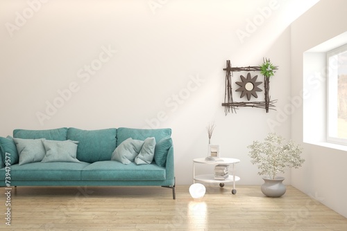 White living room with sofa. Scandinavian interior design. 3D illustration