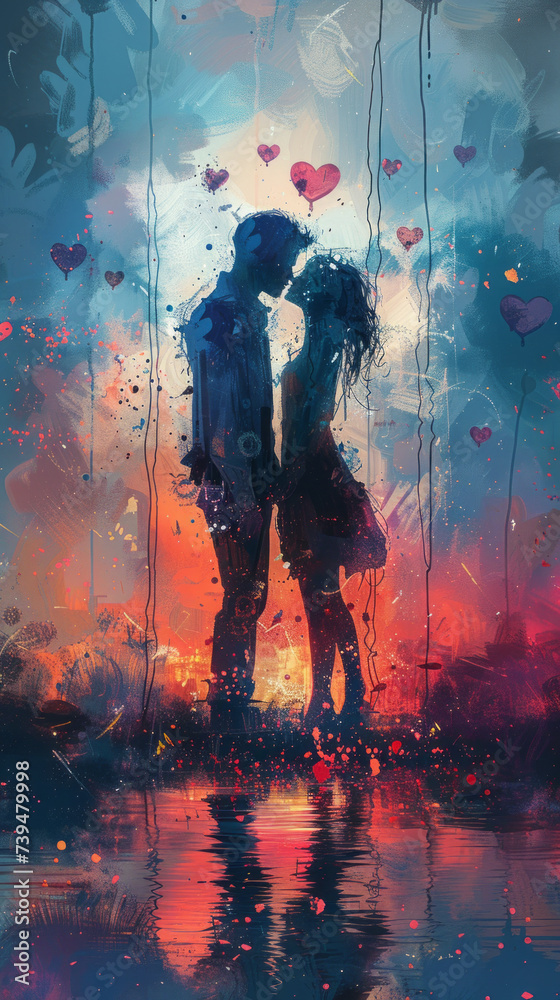 a man and a woman in love kissing, with several hearts in the background walking towards the horizon,generative ai a man and a woman in love kissing, with several hearts in the background walking towards the horizon,generative ai