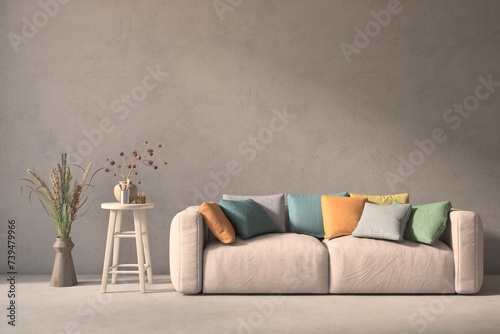 Fototapeta Naklejka Na Ścianę i Meble -  Modern minimalist interior with sofa on empty concrete  wall background. Interior mockup. Scandinavian interior design. 3D illustration