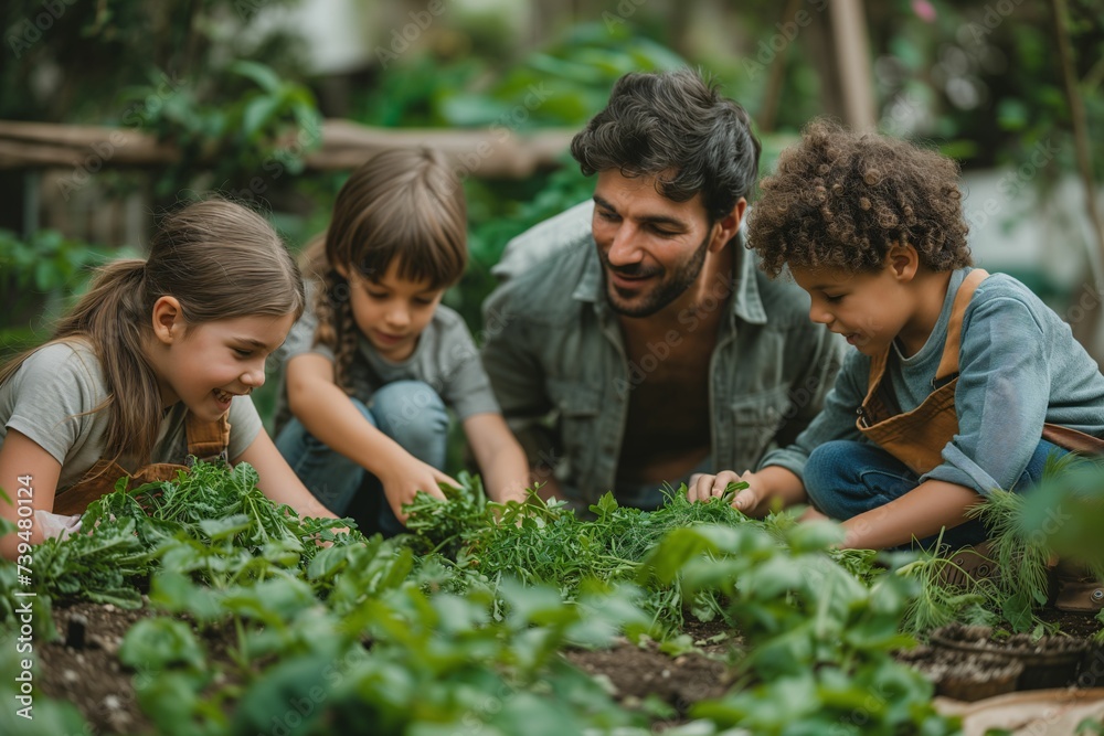 A father and his children share a joyful moment in their garden, tending to plants and learning about sustainable living together A father and his children share a joyful moment in their garden, tending to plants and learning about sustainable living together