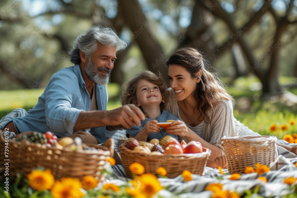 A joyful family shares a special moment during a sunny picnic, with a grandparent, parent, and child enjoying each other's company among vibrant flowers