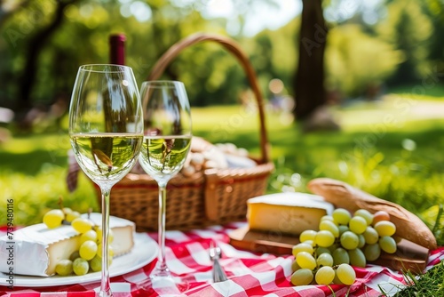 Two glasses of white wine  cheese and grapes on a picnic in the park. AI.