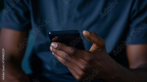 A close-up of a hand holding a smartphone in a dimly lit room, with a focus on the phone screen and the glow it casts on the fingers. © MP Studio
