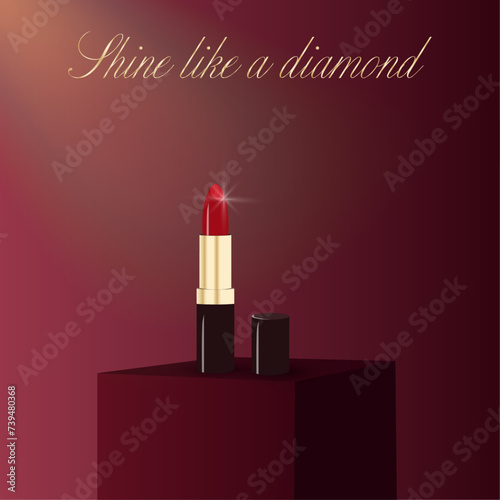 Luxury presentation of makeup realistic glossy lipstick with shine light 