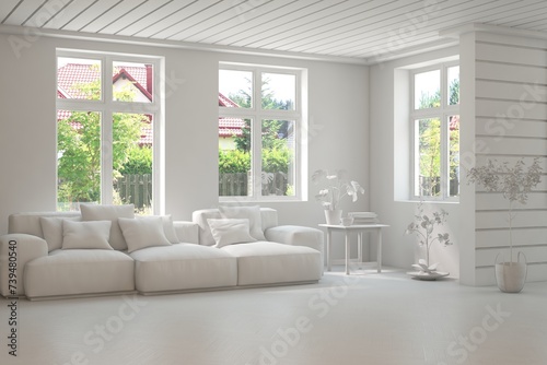 Grey living room concept with sofa and summer landscape in window. Scandinavian interior design. 3D illustration