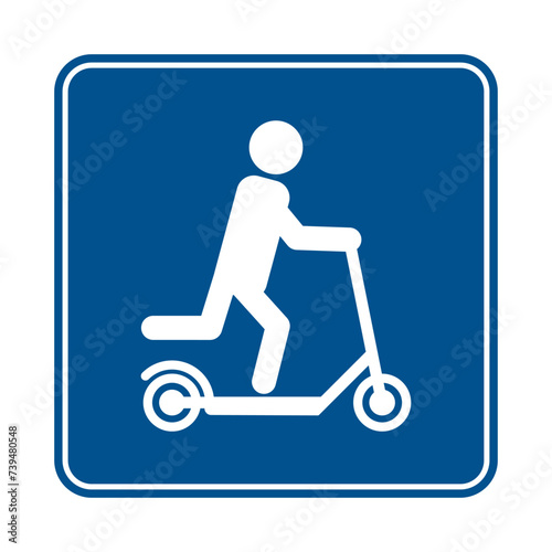 Blue square road sign of a man on a scooter. A dedicated lane for scooter traffic.