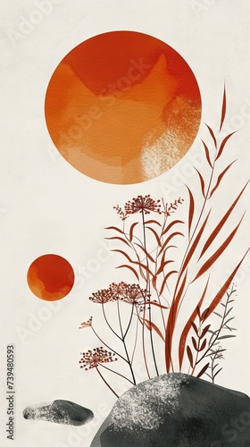 Abstract japandi boho style painting decoration wallpaper. A vibrant and romantic abstract art piece featuring a playful combination of circles, a striking monochrome colorway. 