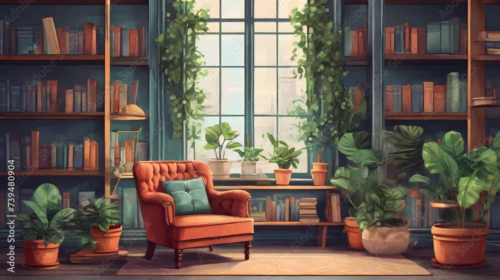 Generative AI illustration of old library with cozy armchair and book shelves with books arranged orderly in room with potted plants by window