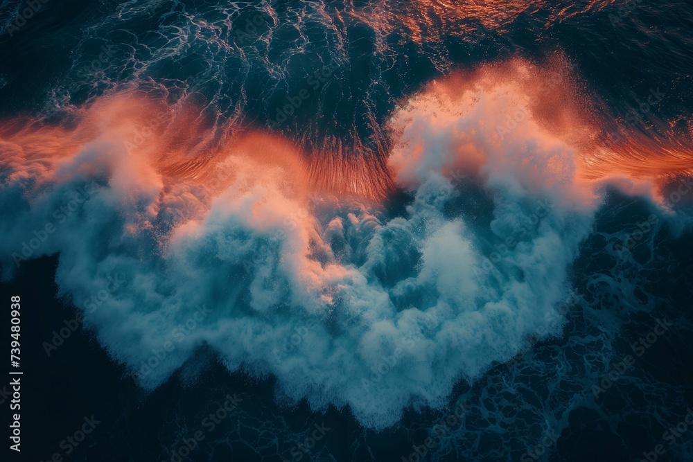 Fototapeta premium Surreal Peach-Colored Waves Crashing in Ocean at Sunset