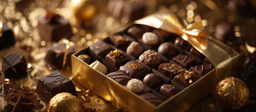 Luxurious assorted chocolates in a festive gold ribbon-wrapped box Luxurious assorted chocolates in a festive gold ribbon-wrapped box