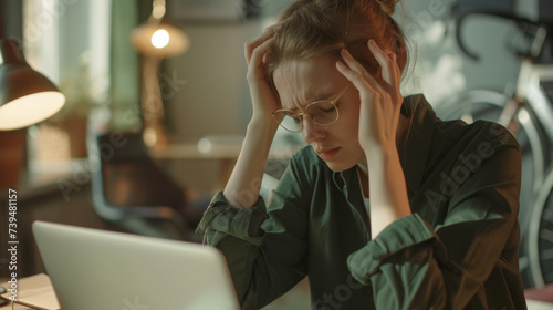 young woman at a desk, appearing stressed and holding her head in her hands while looking at her laptop screen, possibly indicating frustration or exhaustion.