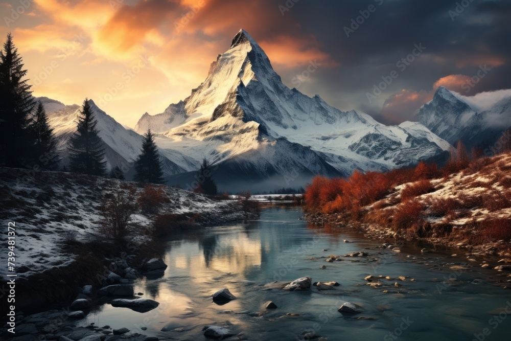 A towering mountain with a winding river flowing through it, capturing the rugged beauty of the natural scene