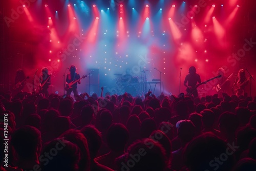 Energetic Rock Band Electrifies Audience with a Live Concert Amidst a Vivid Light Show