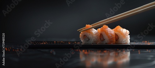 Close up of tasty pieces of sushi with chopsticks on dark background. AI generated image