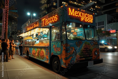 Vibrant Food Truck Serving Mexican Cuisine at Night in Urban Setting