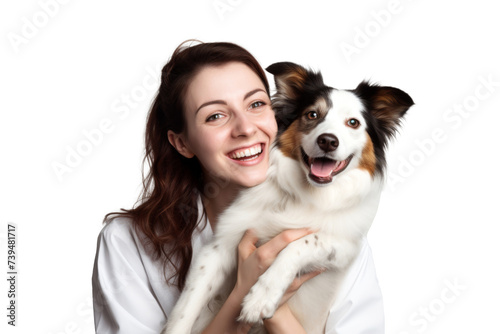 Portrait of beautiful Veterinarian women hugging cute dog with smile and hppiness isolated on background, lovely moment of pet and owner. photo