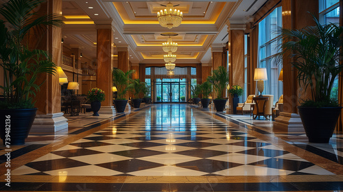 Luxury hotel lobby interior with black and white marble floors. Hospitality industry concept. photo
