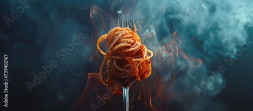 Close up tasty spaghetti pasta with a fork on blur background. AI generated image