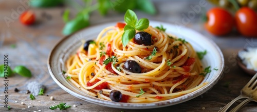Delicious plate of al dente spaghetti garnished with olives and fresh tomatoes