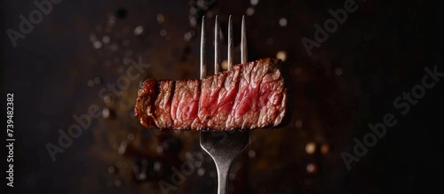 Close up tasty beef steak and fork on dark background. AI generated image
