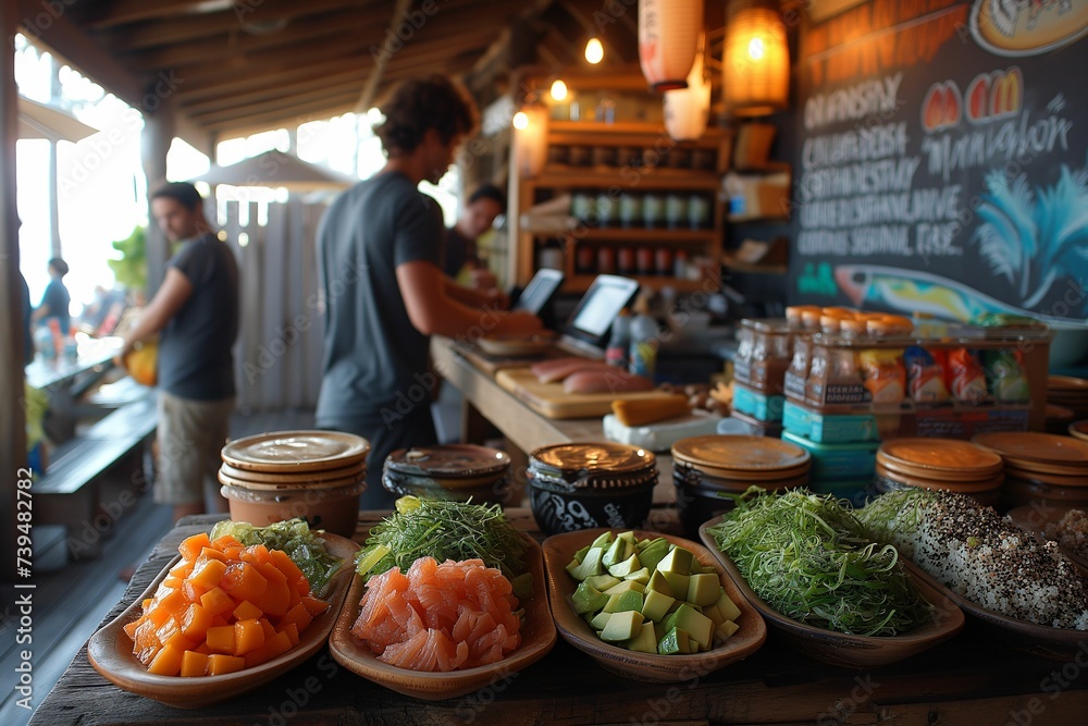 Bustling Beach Shack Serving Up Fresh Sushi Ingredients with a Seaside Ambiance
