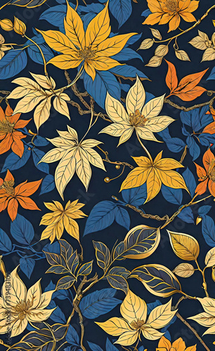 Vector illustration  elegant vintage Japanese leaves with patterns. Pattern of floral gold elements in vintage style for design  floral background and wallpaper 