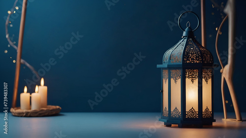 Ornamental Arabic lantern with burning candle glowing at night. Festive greeting card, invitation for Muslim holy month Ramadan Kareem.