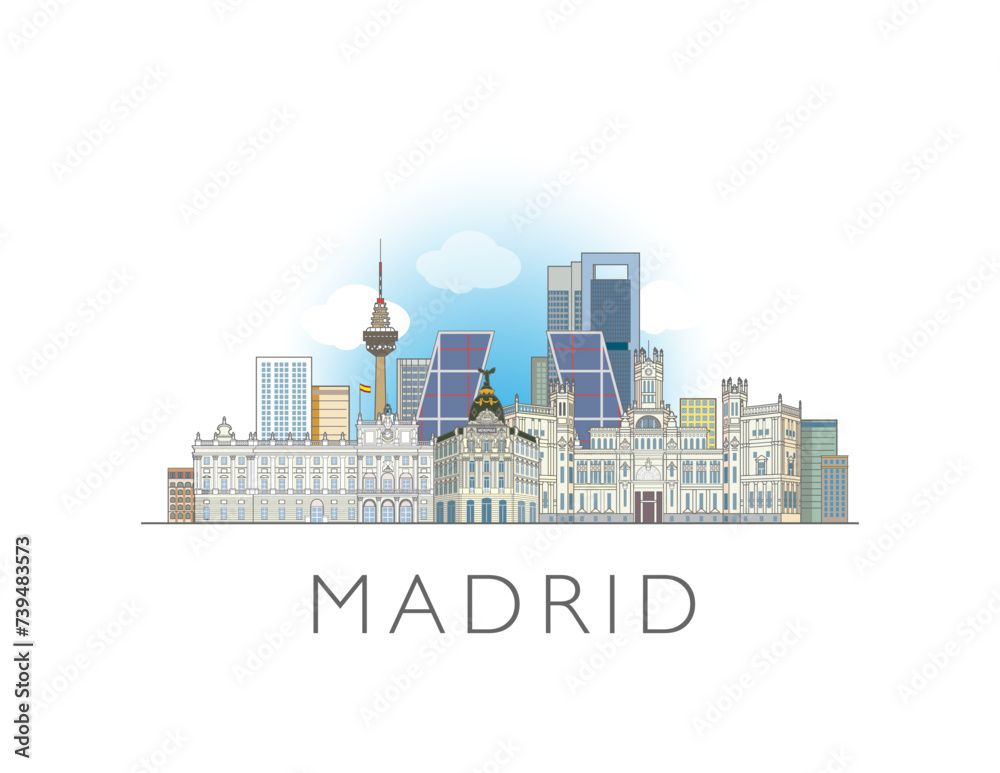 Madrid, Spain cityscape line art style vector illustration